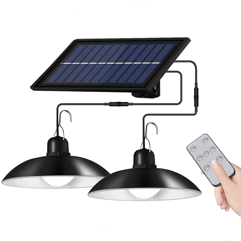 Lampa solara dubla suspendata IP65 cu panou fotovoltaic separat, 2 candelabre suspendate si telecomanda