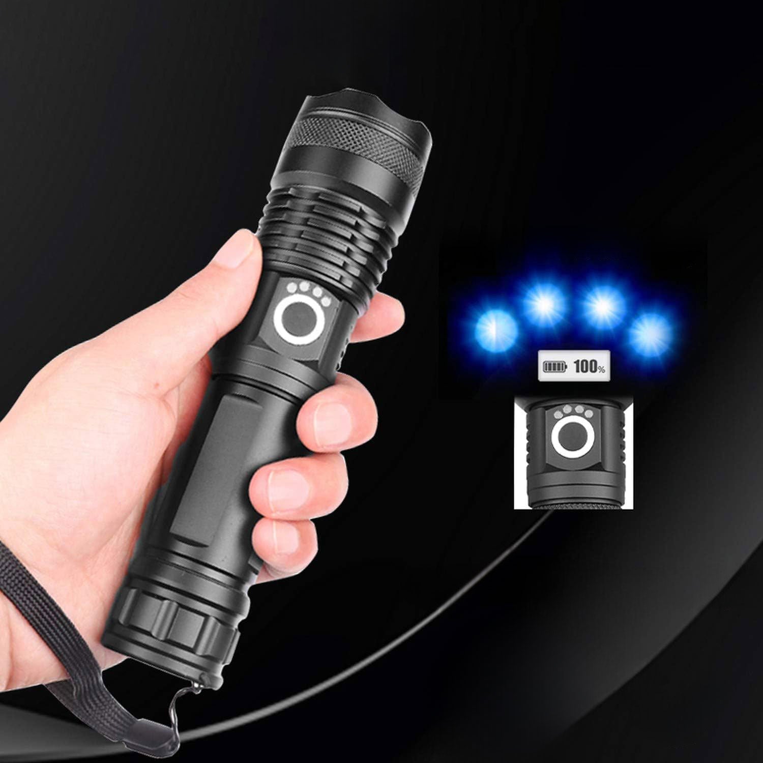 Lanterna LED portabila tinuta in mana, cu indicator baterie 100% si LED-uri albastre de stare
