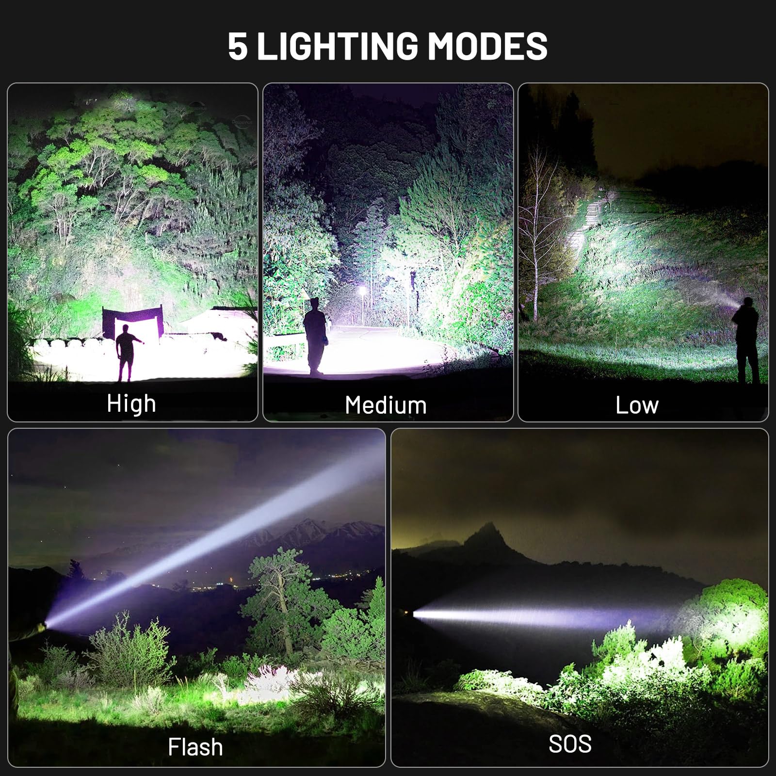 Lanterna LED cu 5 moduri de iluminare: High, Medium, Low, Flash si SOS, demonstrate in exterior noapte