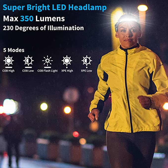 Lanterna frontala COB 350 lumeni, 230 grade iluminare, utilizata la alergare nocturna pe strada