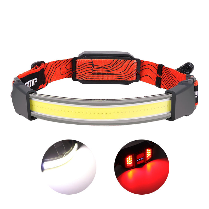Lanterna de cap LED COB reincarcabila USB, unghi 220 grade, IPX5, cu lumina alba si rosie, banda elastica rosie