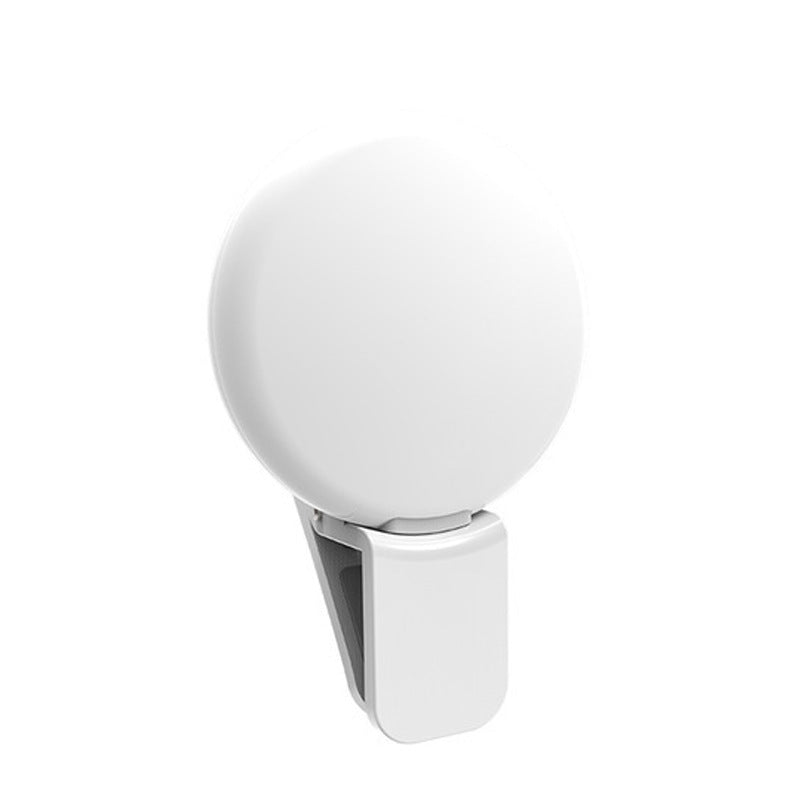 Mini lampa LED selfie circulara cu clip, reincarcabila USB, 3 trepte intensitate, design compact alb