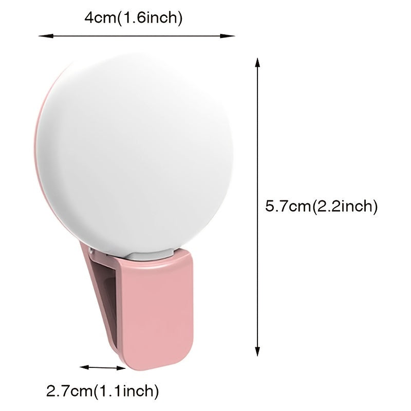 Lampa LED selfie cu clip, dimensiuni 4x5.7 cm, varianta roz, vedere cu indicatii de gabarit
