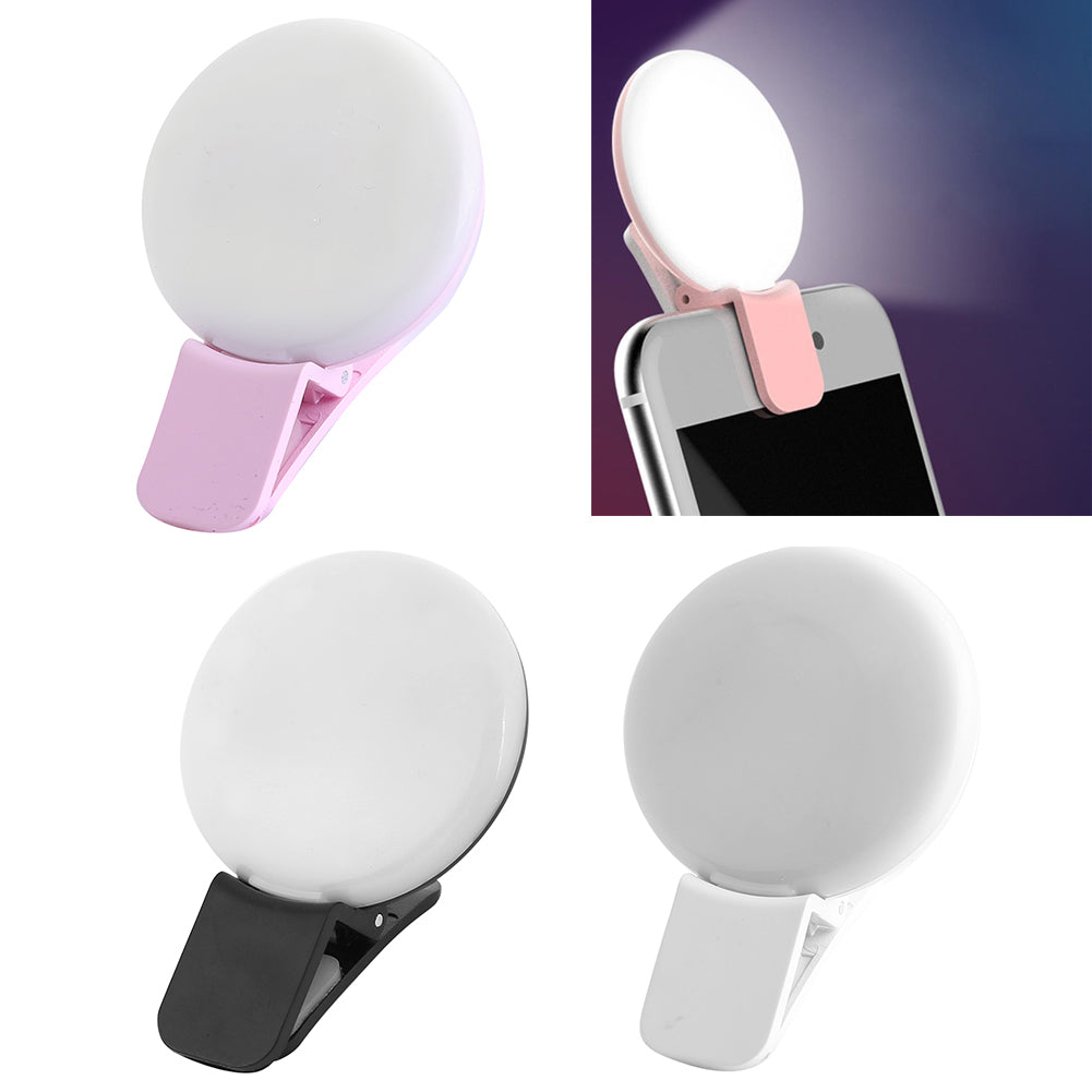 Lampa LED selfie cu clip in 3 variante de culoare: roz, negru si alb, cu demonstratie de utilizare pe telefon