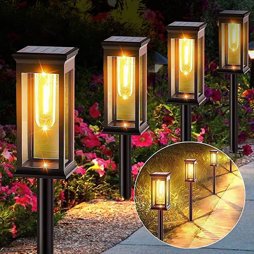 Set 2 lampi solare gradina cu LED filament alb cald, design lanterna clasica, IP65, autonomie 8-12 ore