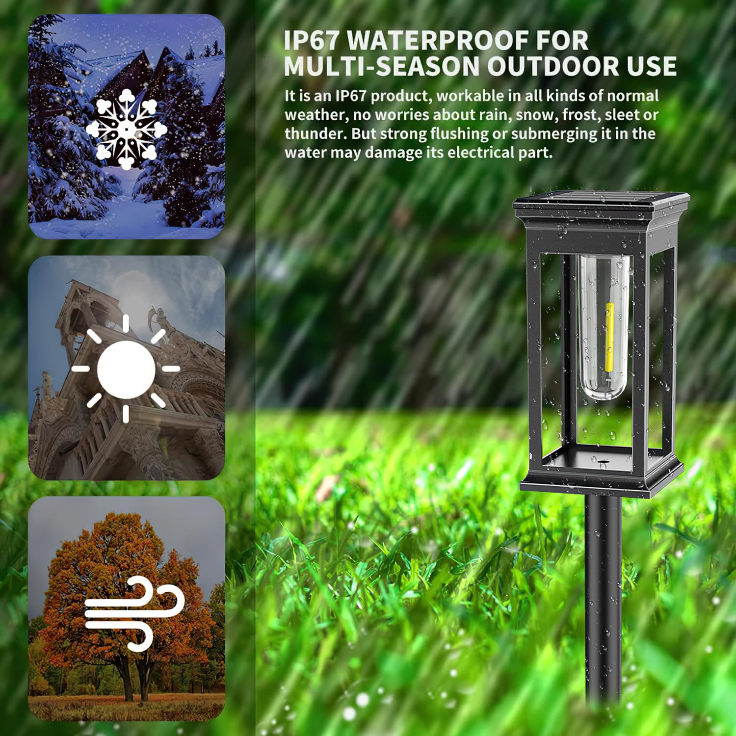 Lampa solara gradina IP67 rezistenta la ploaie, zapada si vant, testata in conditii meteo extreme