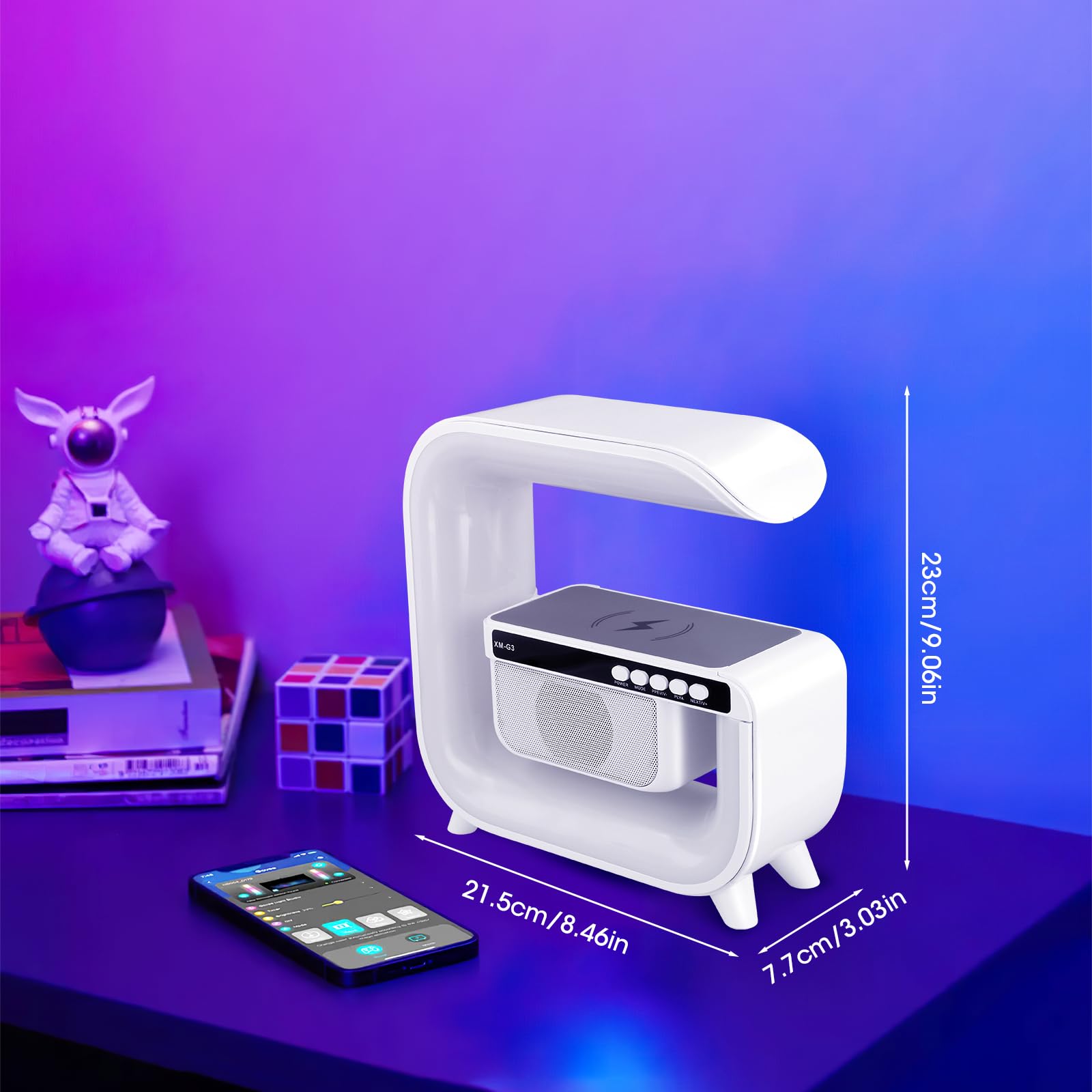 Lampa LED RGB cu boxa Bluetooth dimensiuni 21.5x23x7.7 cm, controlabila prin aplicatie mobila
