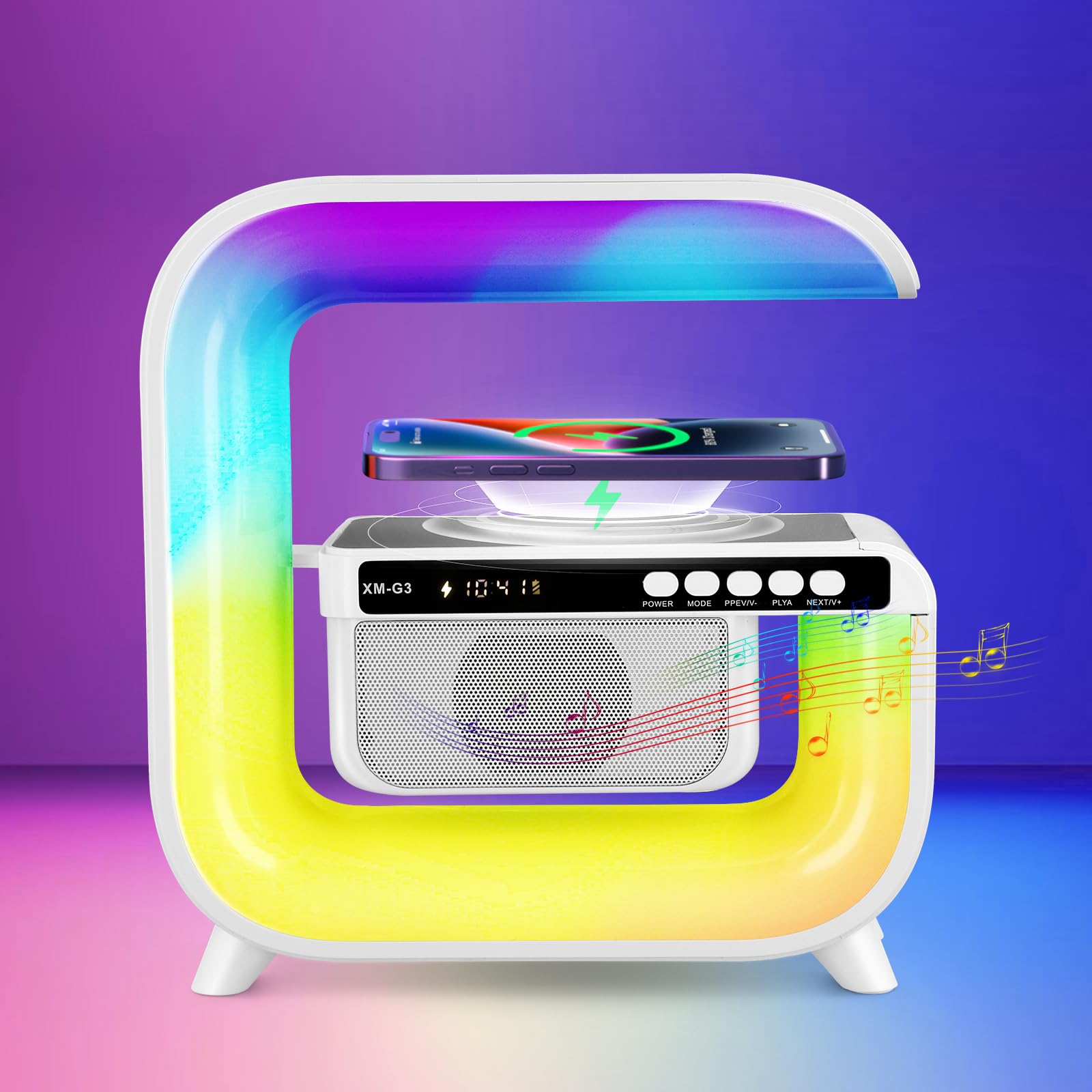 Lampa LED RGB forma G cu incarcare wireless 15W si boxa Bluetooth, efect luminos multicolor intens