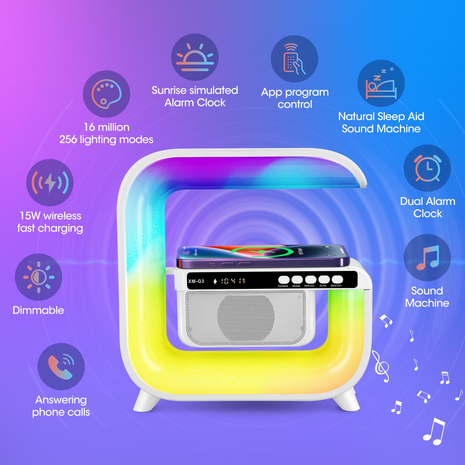 Lampa smart RGB cu 256 moduri de iluminare, incarcare wireless 15W si ceas alarma dual integrat