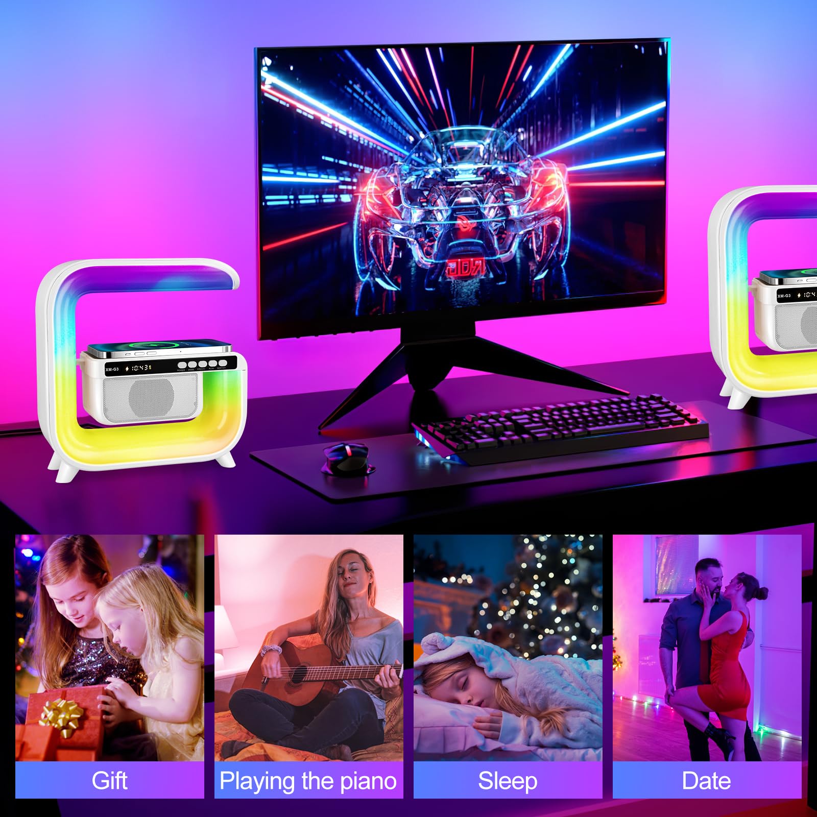 Lampa LED RGB cu boxa Bluetooth utilizata ca lumina ambient pentru gaming, relaxare si dormit