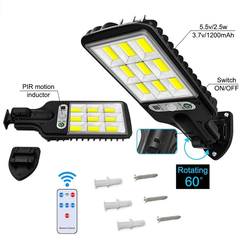 Lampa solara COB 2.5W cu senzor PIR, telecomanda, suport reglabil 60 grade si accesorii montaj incluse