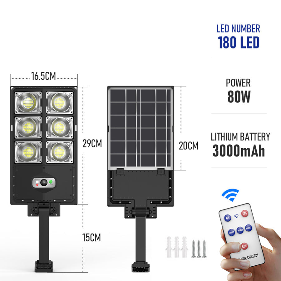 Lampa solara stradala 80W, 180 LED-uri, baterie 3000mAh, dimensiuni si specificatii tehnice vizibile