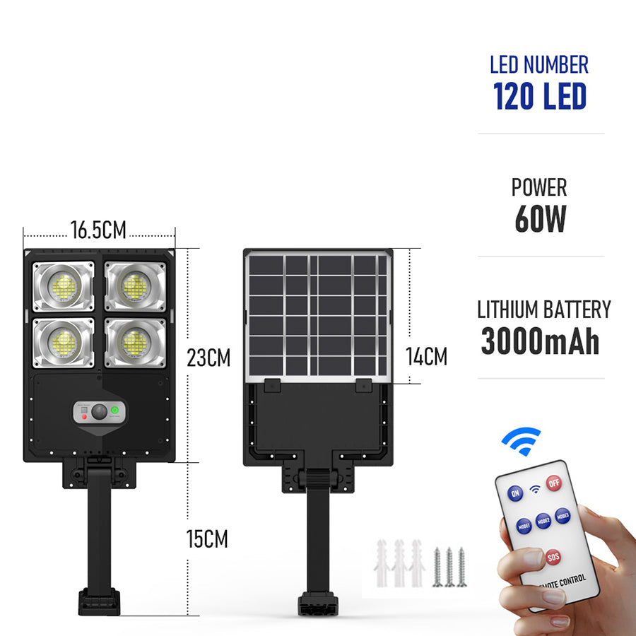 lampa solara stradala 60W 120 LED, dimensiuni 23x16.5cm, baterie 3000mAh, cu telecomanda