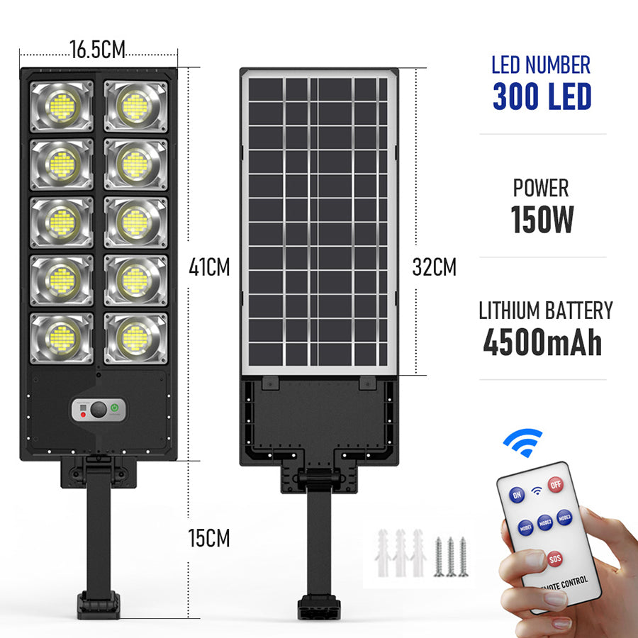 Lampa solara stradala 150W cu 300 LED-uri, baterie 4500mAh, dimensiuni 41x16.5 cm