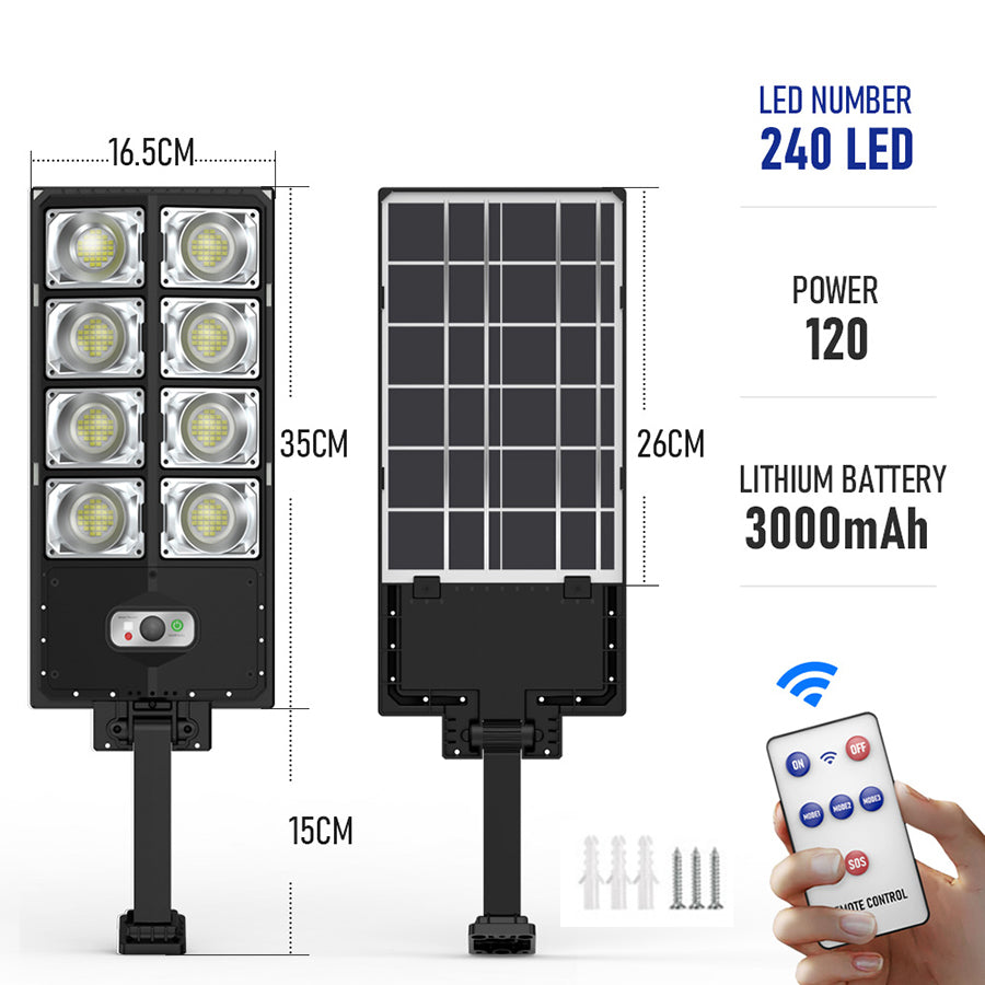 Lampa solara stradala 120W, 240 LED-uri, baterie 3000mAh, cu dimensiuni si specificatii tehnice