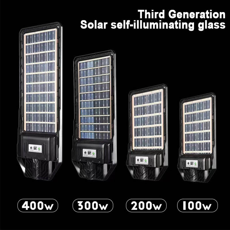 Lampa stradala solara disponibila in variante de 100W, 200W, 300W si 400W, panou solar bifacial