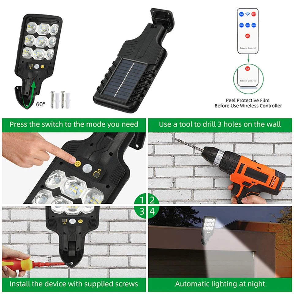 Lampa stradala solara - ghid instalare pas cu pas: panou solar, suruburi si montaj pe zid
