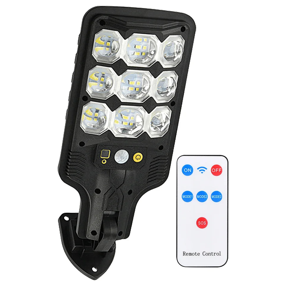 Lampa stradala solara cu senzor PIR si telecomanda, 9 LED-uri, montaj pe perete exterior