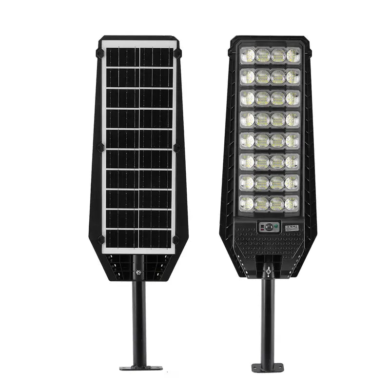 Lampa stradala solara vazuta din fata si spate, panou solar integrat si modul LED cu lentile individuale