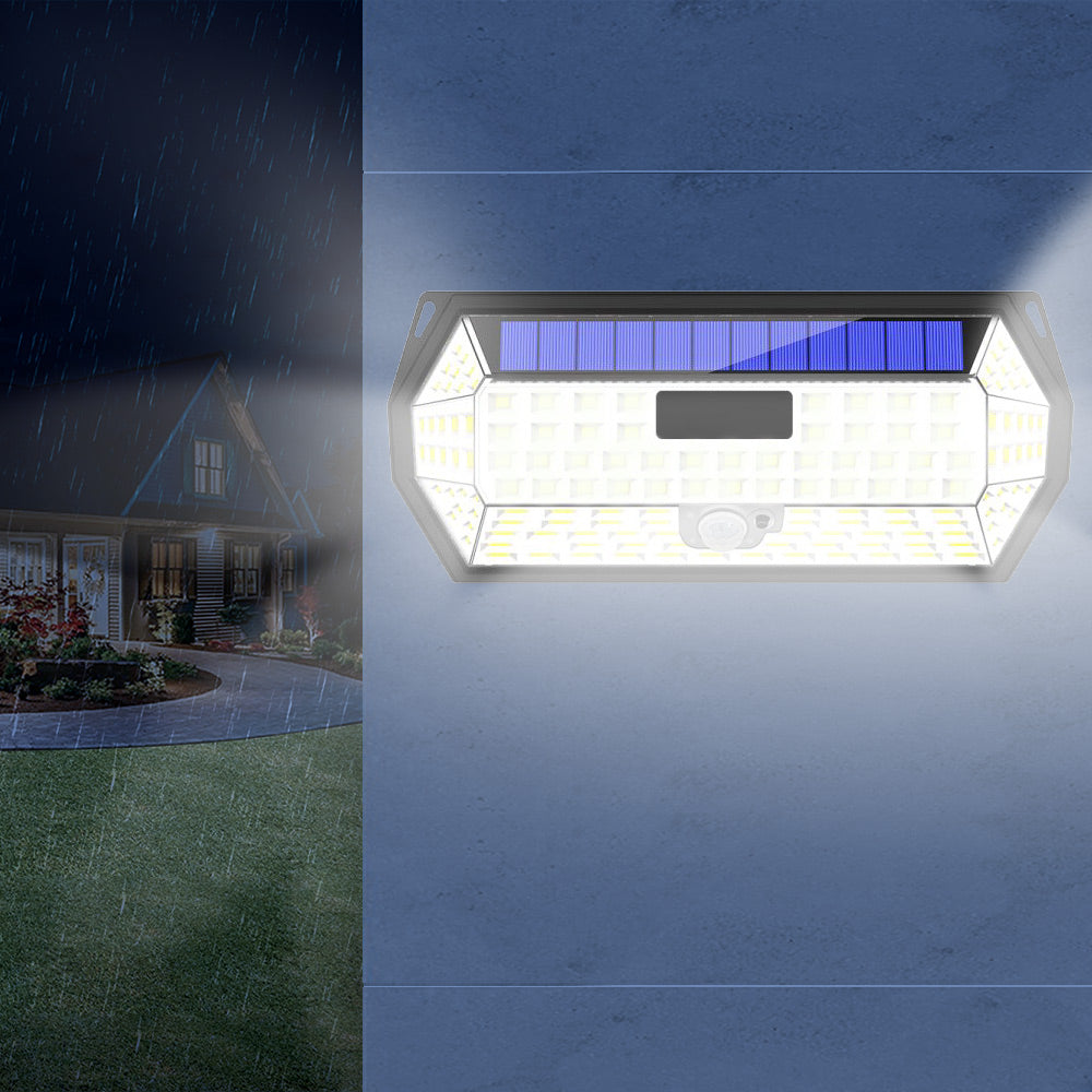 Lampa solara 148 LED montata pe perete, iluminare laterala extinsa, senzor PIR vizibil
