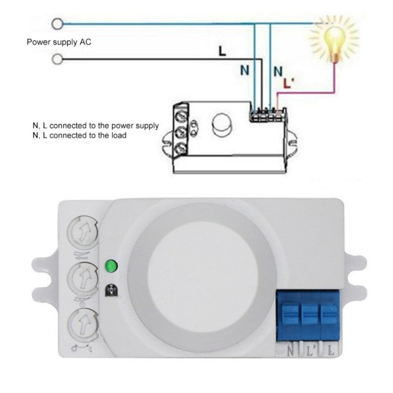 Senzor microunde vedere frontala cu schema electrica de conectare la retea 220V AC