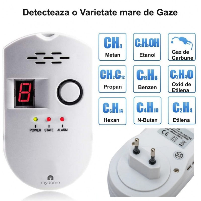 Detector de gaze cu priza integrata, compatibil cu 9 tipuri de gaze: metan, propan, butan, benzen