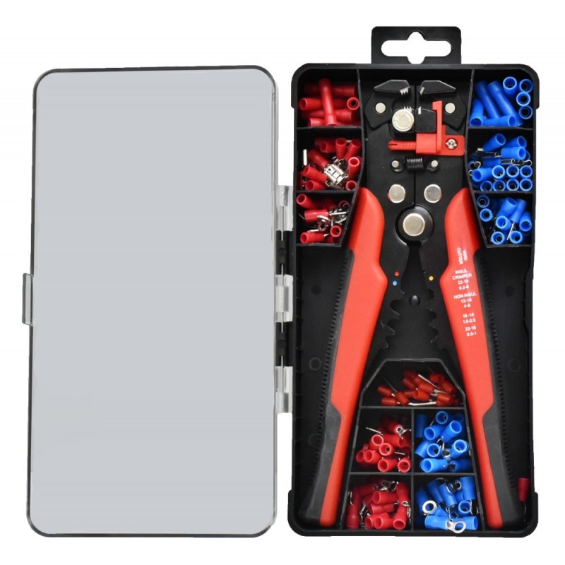 Set cleste 3 in 1 dezizolat sertizat taiat cu 200 conectori preizolati, compatibil cabluri 0.5-6 mm, cutie rigida