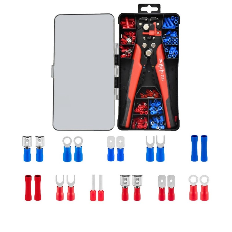 Set complet cleste sertizat cu 200 conectori electrici asortati rosii si albastri, organizati in cutie rigida