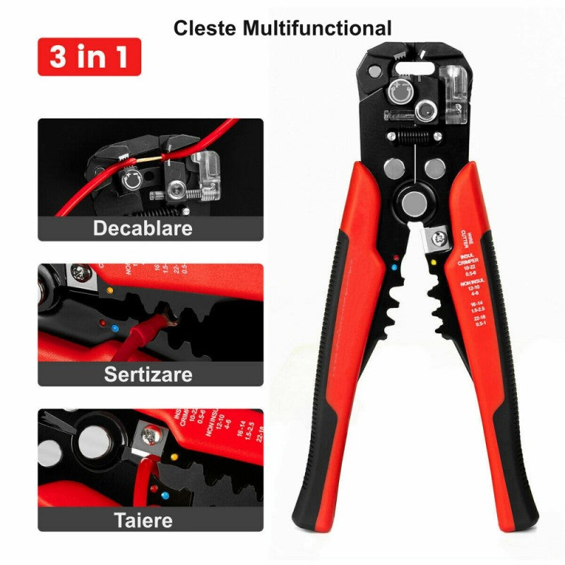 Cleste 3 in 1 cu functii de decablare, sertizare si taiere prezentate in detaliu, maner cauciucat
