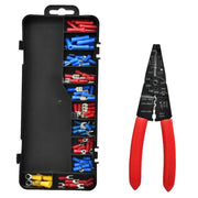 Cleste multifunctional sertizat dezizolat cu 85 papuci electrici rosii albastri galbeni in cutie organizata