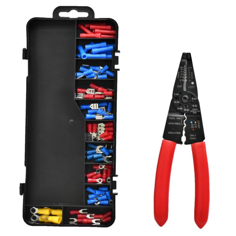 Cleste multifunctional sertizat dezizolat cu 85 papuci electrici rosii albastri galbeni in cutie organizata