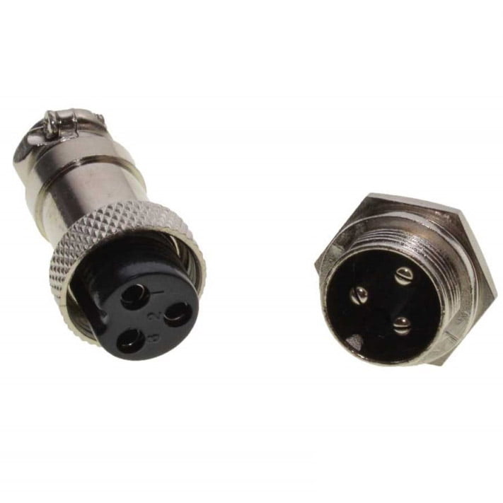Conector aviator GX16 3 pini - mufa mama si mufa tata vazute frontal, contact nichel