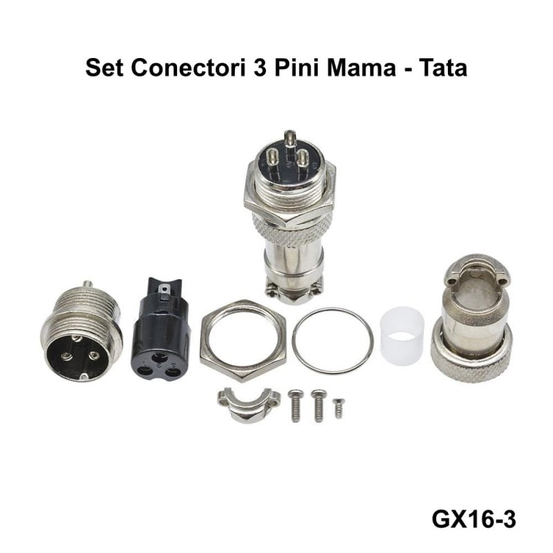 Set complet conector GX16-3 pini mama-tata, componente detaliate: mufe, piulita, garnitura, suruburi