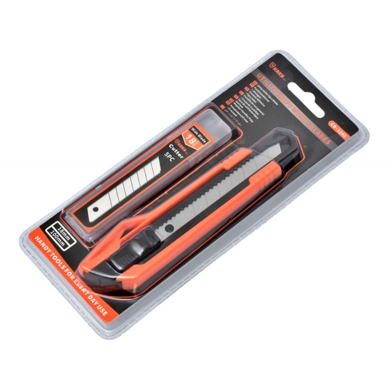 Cutter utilitar 18mm cu rezerve, vedere laterala in ambalaj blister
