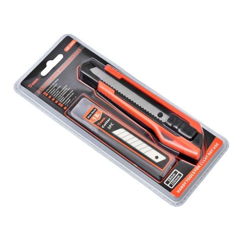 Cutter utilitar cu 5 lame rezerva 18mm, ambalaj blister deschis, vedere frontala