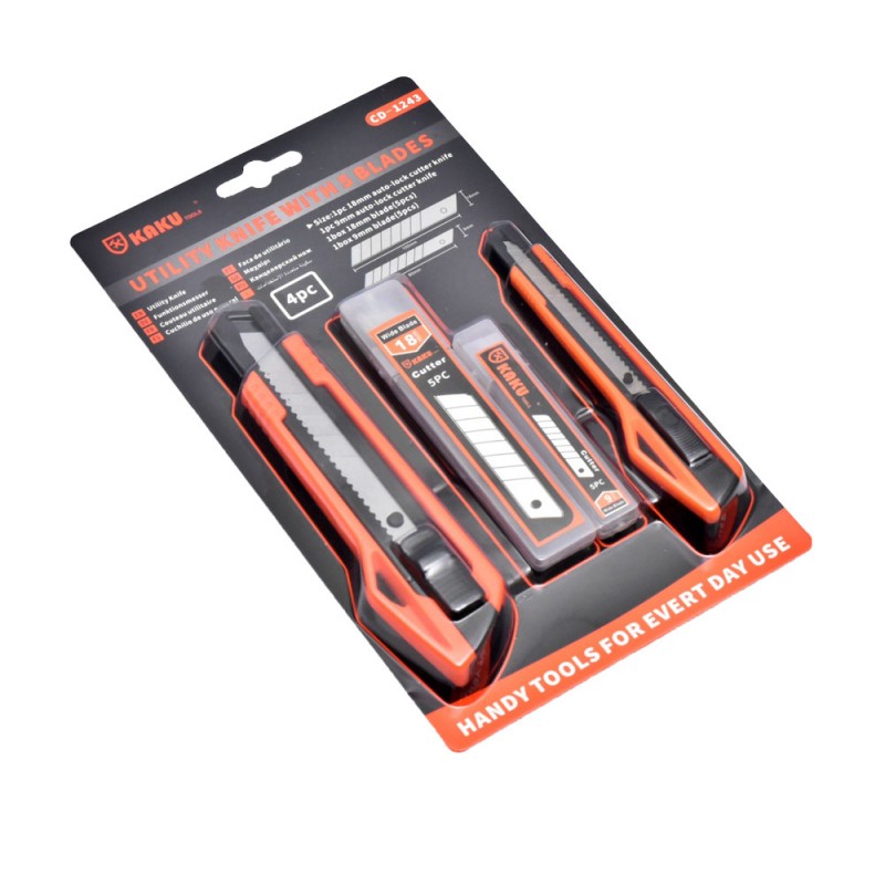Set cutter 18mm si 9mm cu rezerve, vedere in unghi, ambalaj blister complet