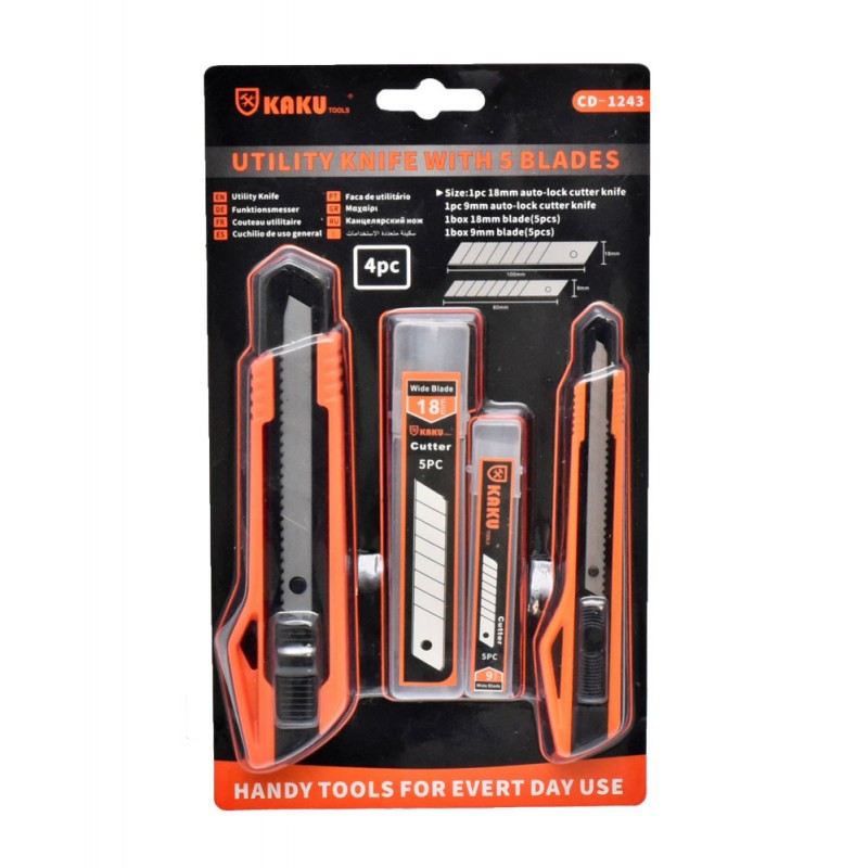 Set cutter 4 piese, cutter 18mm si 9mm auto-lock cu 10 lame rezerva segmentate, blister organizat