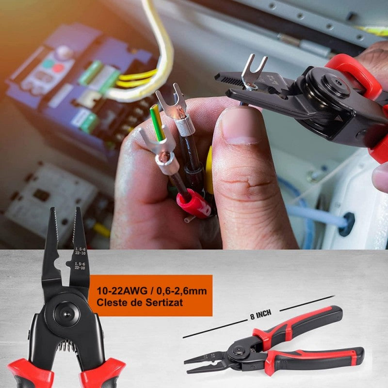Cleste de sertizat 10-22AWG / 0.6-2.6mm utilizat pentru conectori electrici, lungime 8 inch
