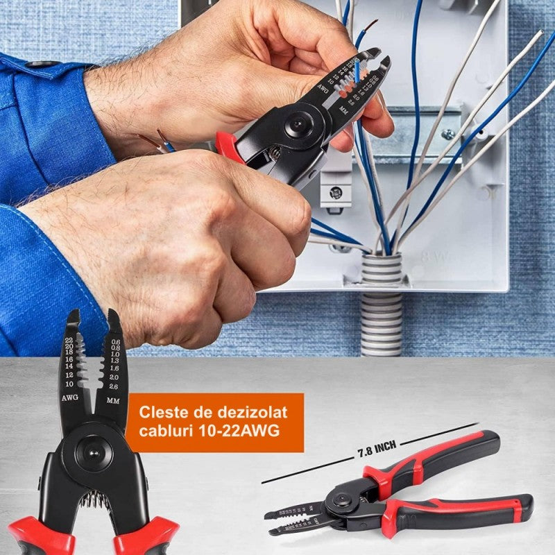 Cleste de dezizolat cabluri 10-22AWG, 7.8 inch, utilizat la tablou electric, capete marcate in AWG si MM