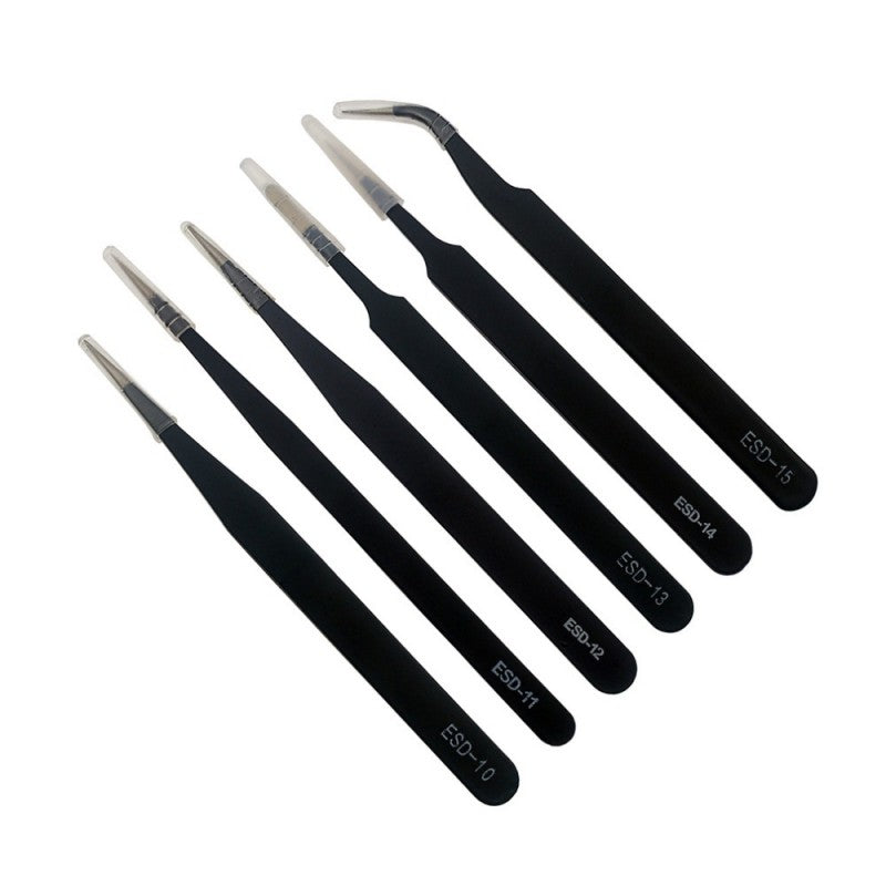 Set pensete antistatice ESD vazute din lateral, varfuri metalice vizibile, corp negru din otel antimagnetic