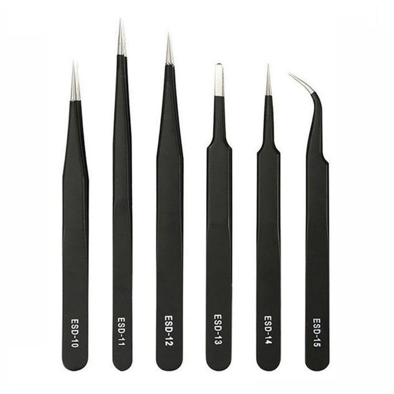 Set 6 pensete antistatice ESD din otel inoxidabil antimagnetic, varfuri drepte si curbate, pentru electronica de precizie