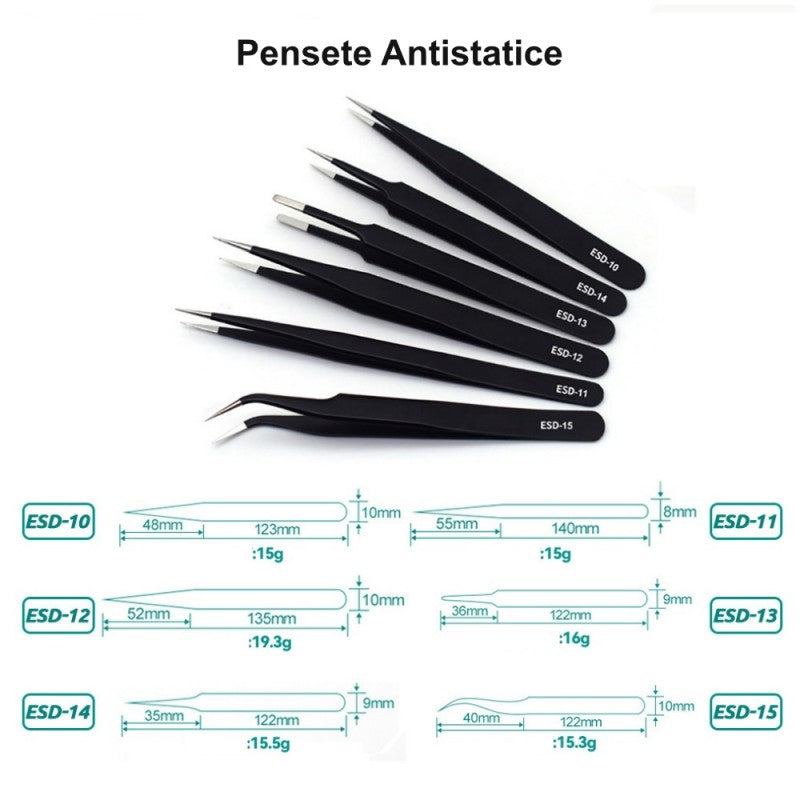 Pensete antistatice ESD cu dimensiuni detaliate, greutate sub 20g, modele drepte si curbate pentru electronica