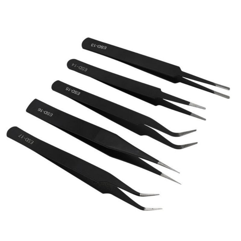 Pensete antistatice negre cu varfuri mixte drepte si curbate, set 5 bucati pentru manipulare componente SMD