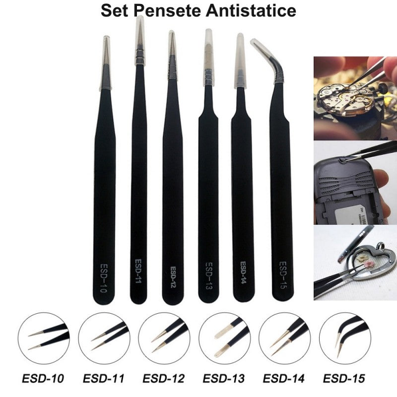 Pensete antistatice ESD prezentate cu exemple de utilizare la reparatii ceasuri, telefoane si componente mici
