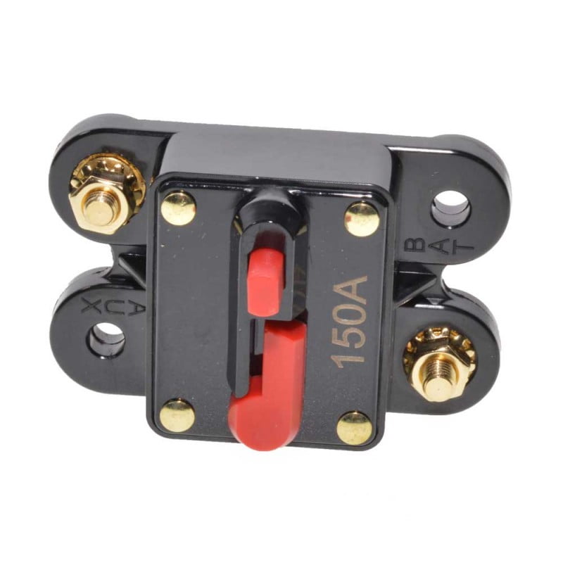 Siguranta de circuit 150A vazuta din fata, cu buton de reset rosu si borne aurite pentru montaj