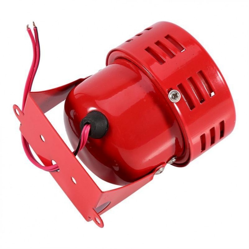 Sirena alarma motor 12V, vedere din spate cu cabluri de conectare si suport metalic