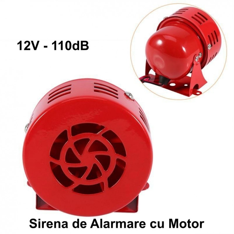 Sirena alarma motor 12V, 110dB, vedere frontala cu grila rotativa si suport de montaj