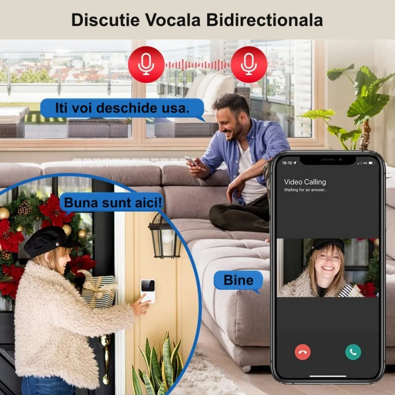 Sonerie video cu convorbire bidirectionala in timp real, notificari instant pe smartphone