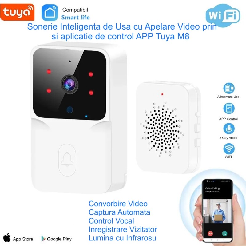 Sonerie video WiFi cu audio bidirectional, control prin aplicatie, vedere de noapte cu infrarosu