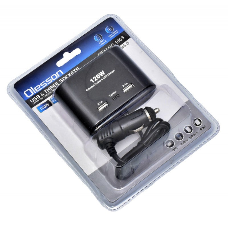 Spliter auto 120W cu USB Type-C si cablu bricheta, vedere laterala in ambalaj
